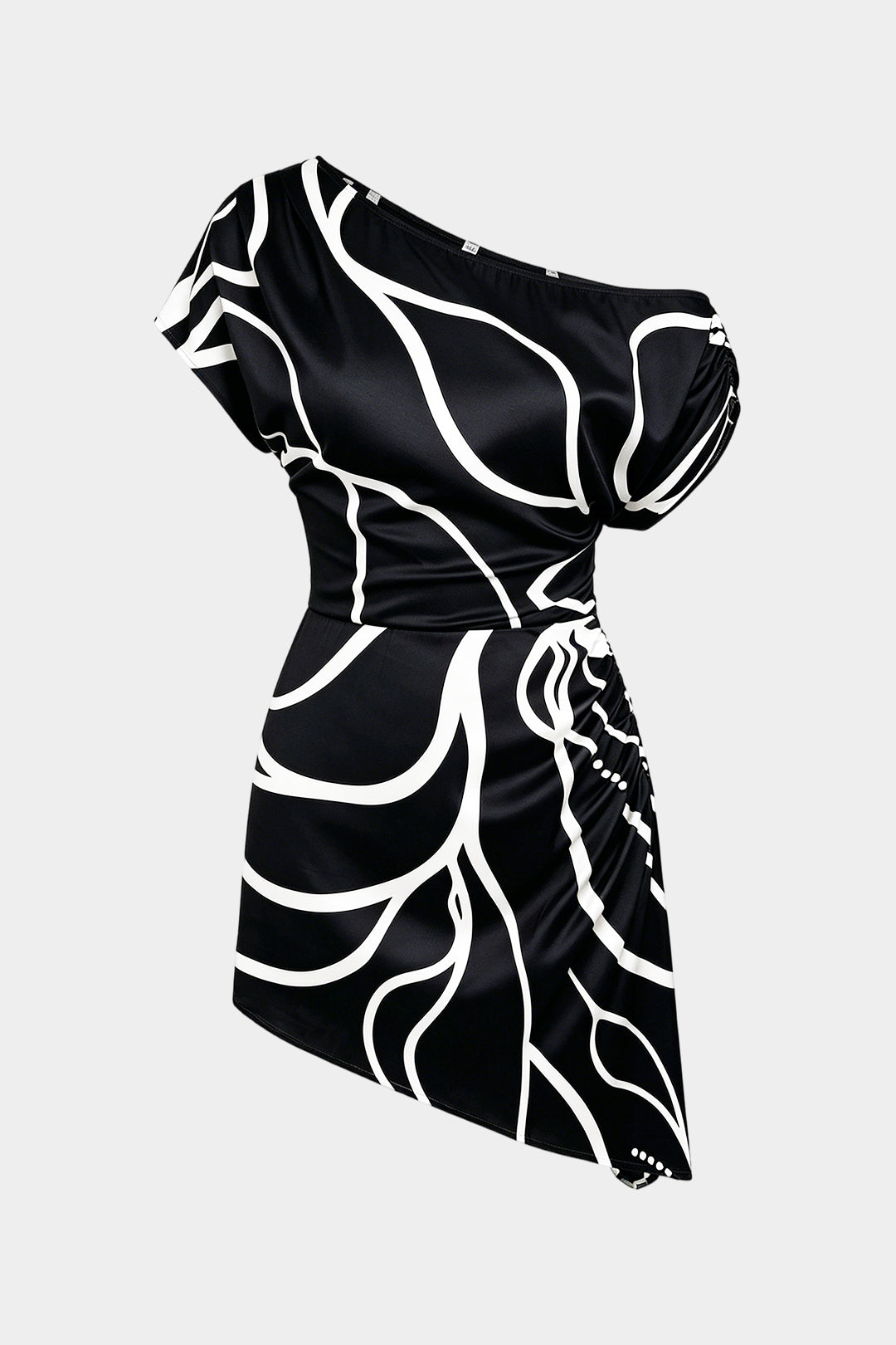 Contrast Print Satin One Shoulder Ruched Short Sleeve Mini Dress