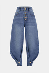 Denim Irregular Metallic Button Pocket Barrel Leg Jeans