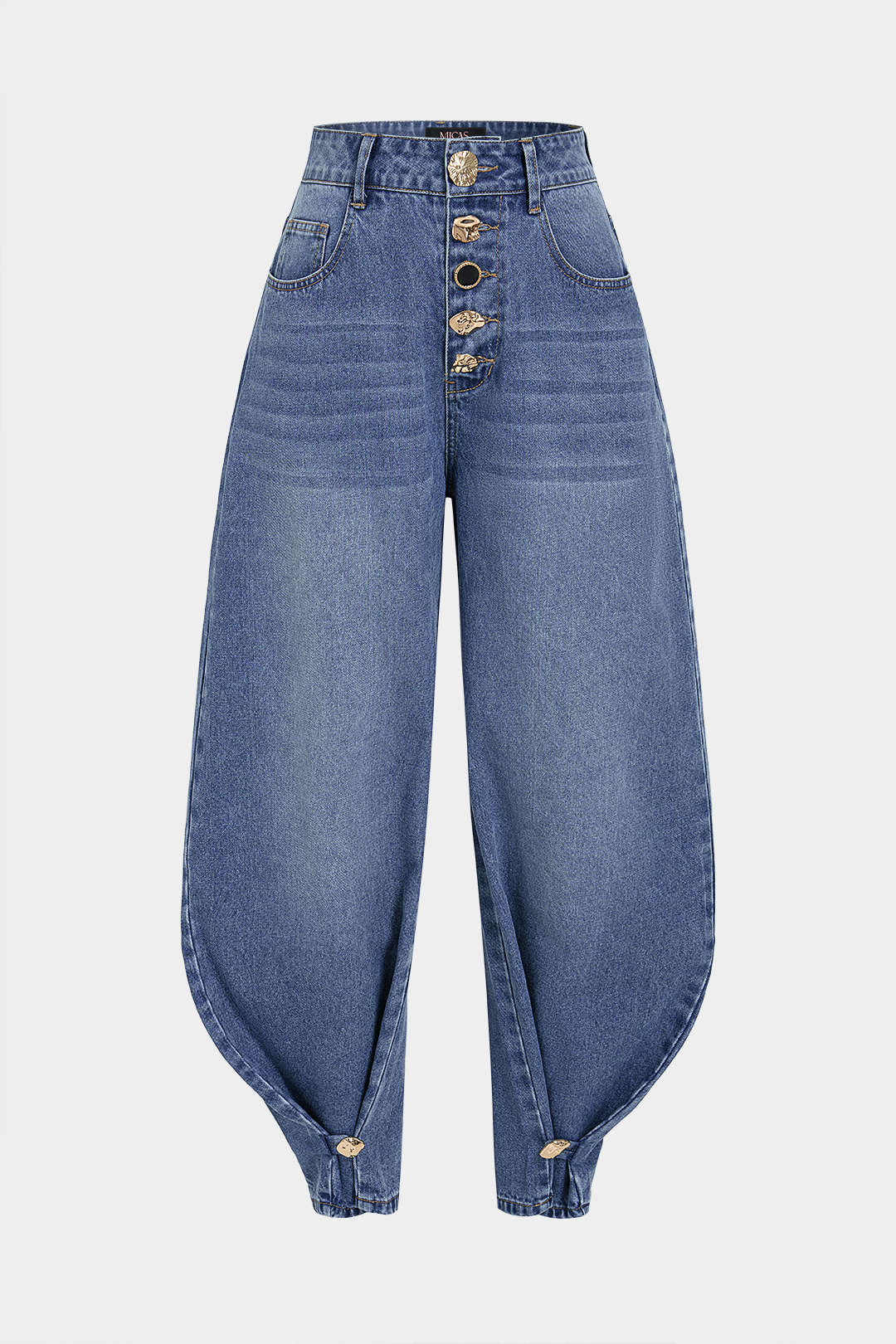 Denim Irregular Metallic Button Pocket Barrel Leg Jeans