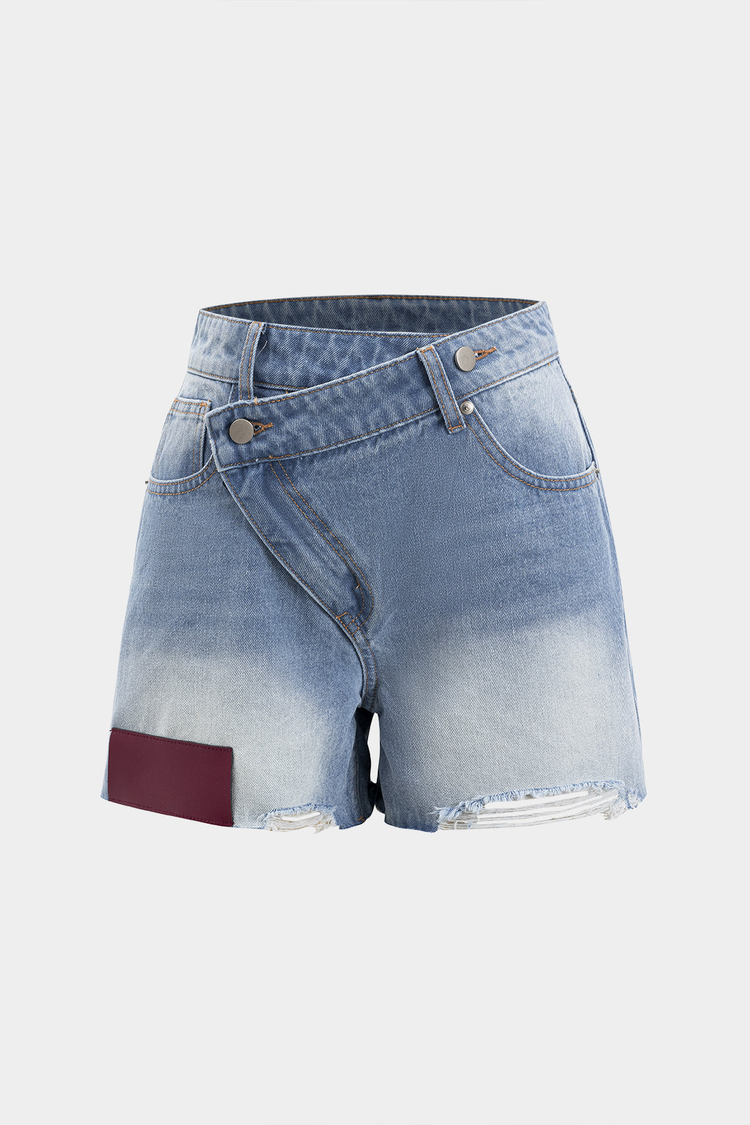 Denim Asymmetrical Button Pocket Ripped Shorts