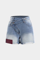 Denim Asymmetrical Button Pocket Ripped Shorts