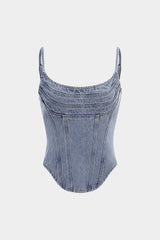 Denim Round Neck Seamdetail Zipper Top