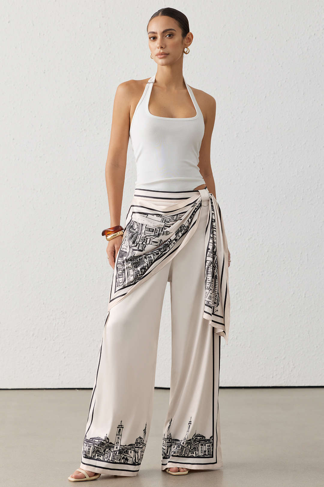 Artistic Print Satin Ruched Asymmetrical Wide Leg Pants