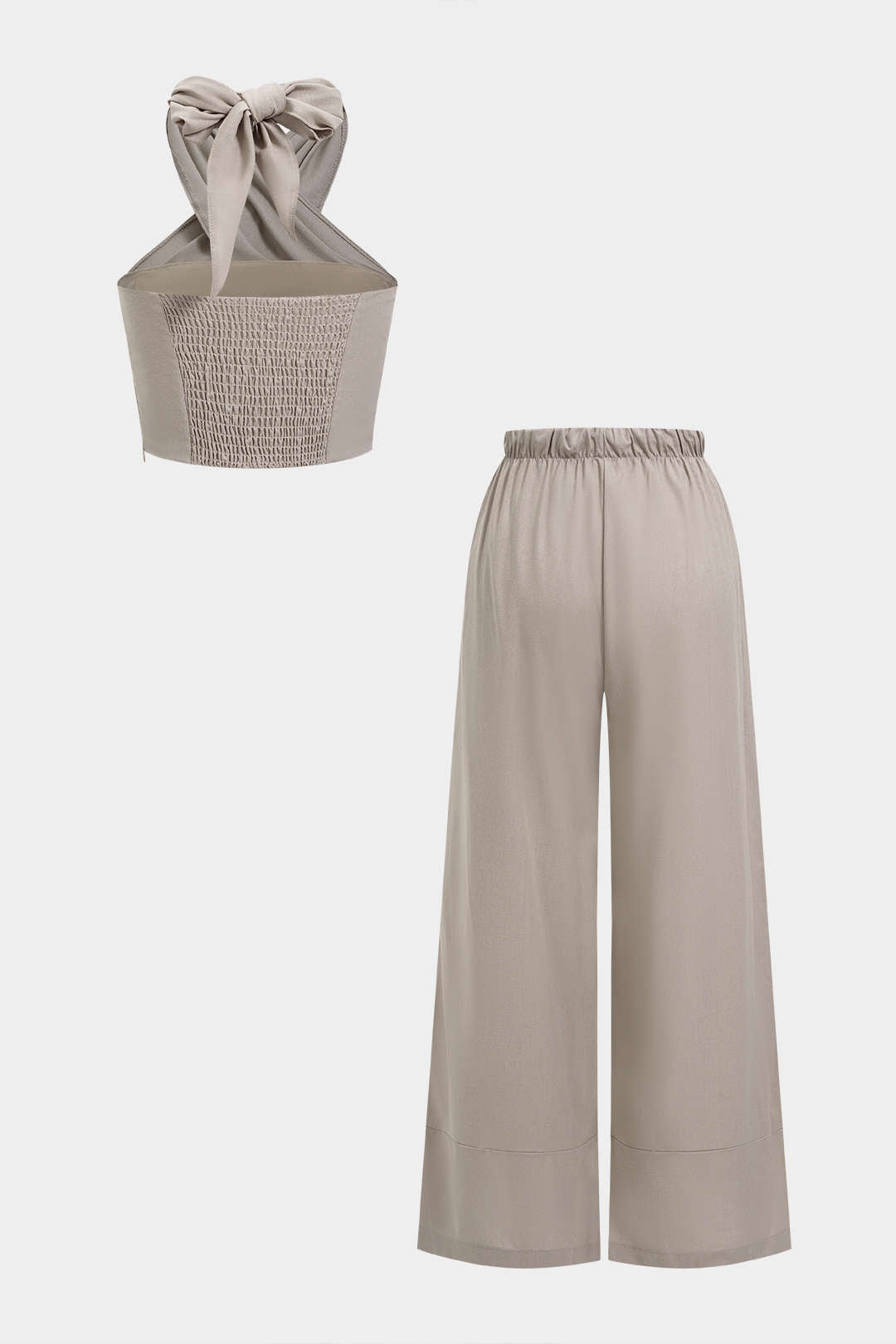 Crossed Halter Neck Ruched Tie-Up Top And Straight Leg Pants Set