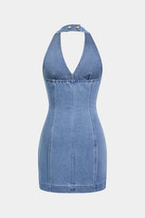 Denim Halter V-Neck Cut Out Buckle Backless Sleeveless Dress