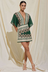 Artistic Print Linen Deep V-Neck Short Sleeve Mini Dress