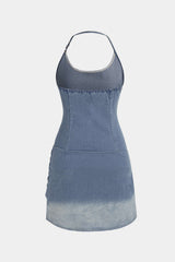 Denim Halter Round Neck Backless Ruched Slit Mini Dress