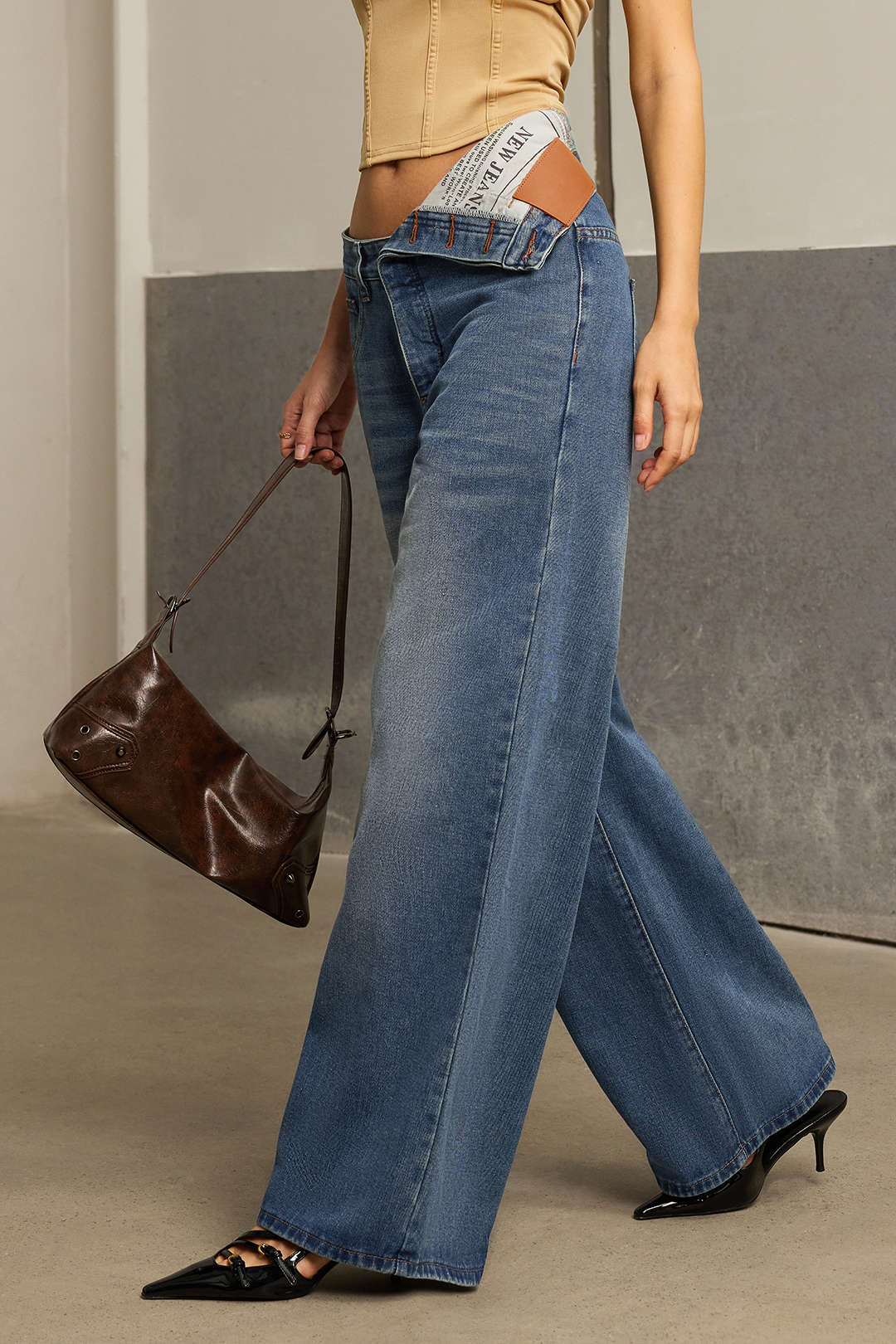 Denim Asymmetrical High Waist Straight Leg Jeans