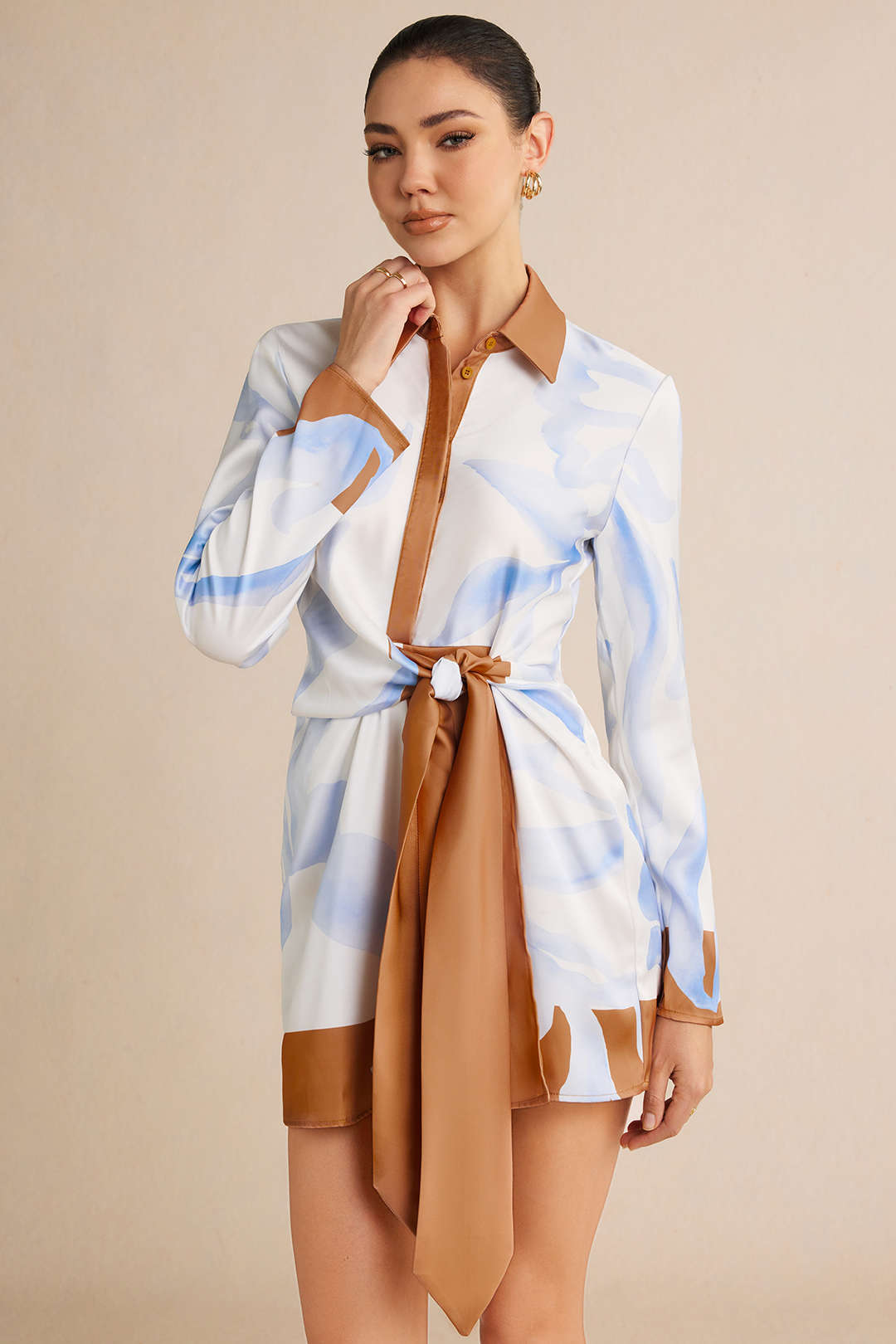 Contrast Leaves Print Satin Tie Front Long Sleeve Mini Dress
