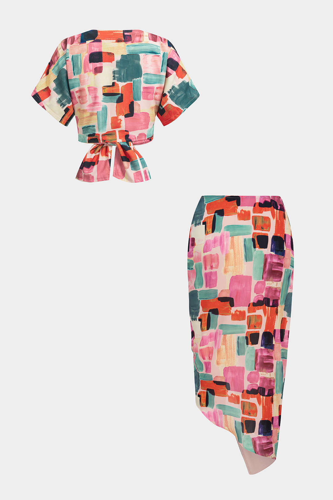 Abstract Print V-Neck Tie-Up Short Sleeves Top And Asymmetrical Drawstring Ruched Skirt Set