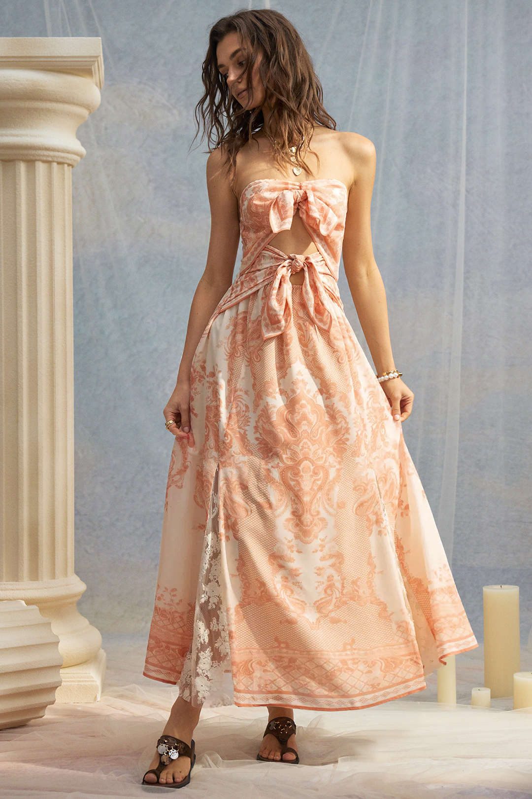 Bohemian Print Lace Patchwork Knotted Cut Out Strapless Midi Dress