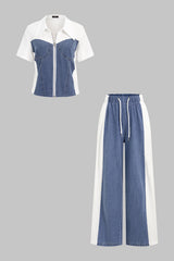 Denim Patchwork Lapel Short Sleeve Top And High Waist Wide Leg Jeans Set
