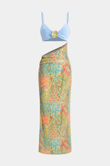 Abstract Contrast Pattern Cut Out Slip Sleeveless Maxi Dress