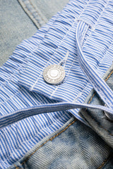 Denim Stripes Print Double Waistband Drawstring Frayed High Waist Skirt
